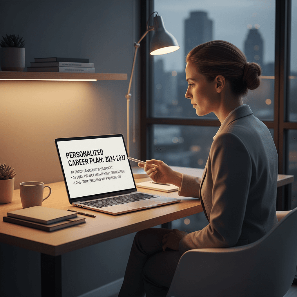 Professional reviewing personalized career roadmap on a laptop