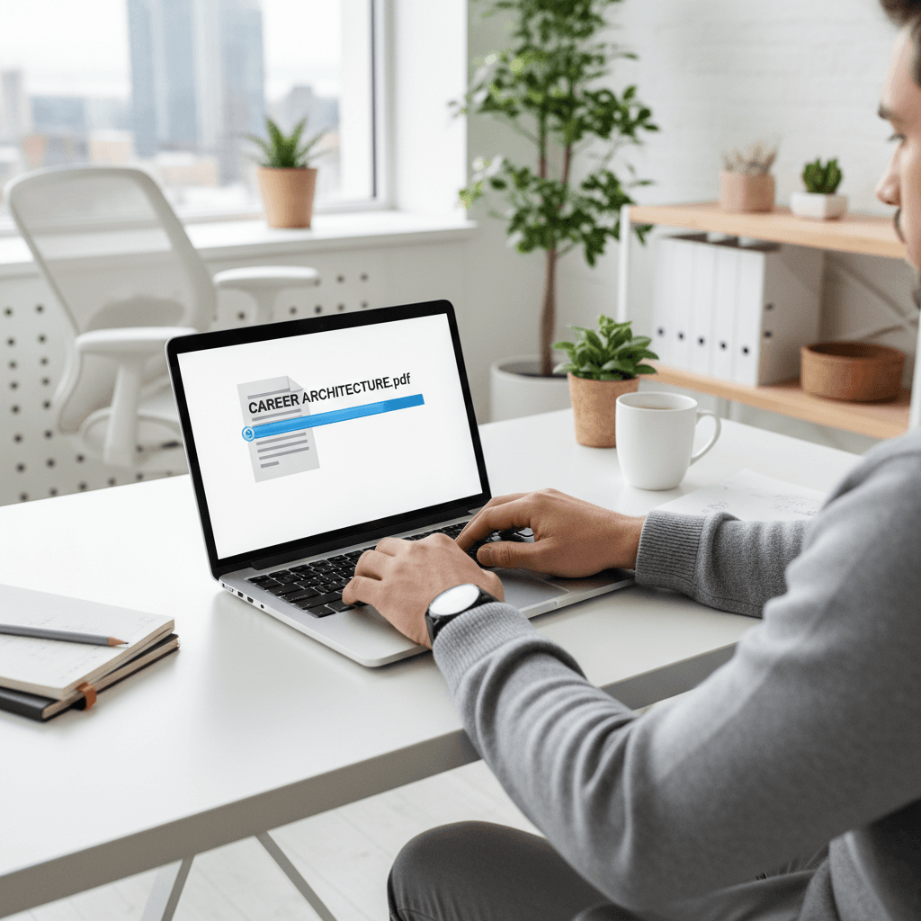 Professional downloading a career architecture PDF from laptop