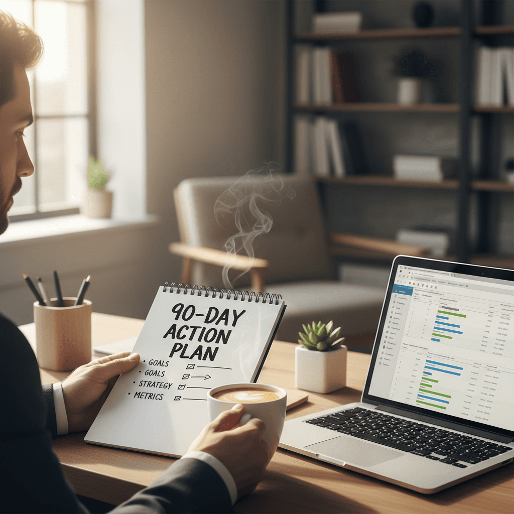 Professional planning a 90-day action plan with notebook and coffee