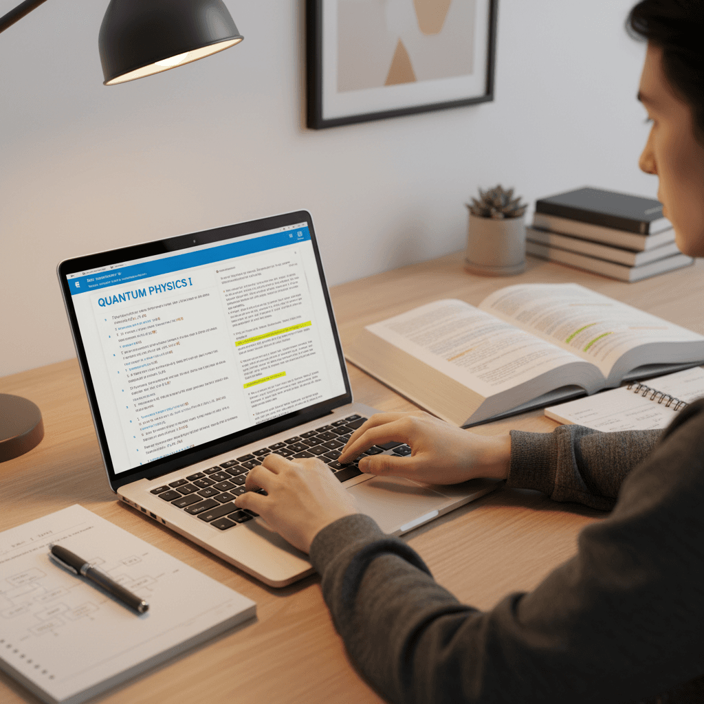 Person studying with laptop and notes in library