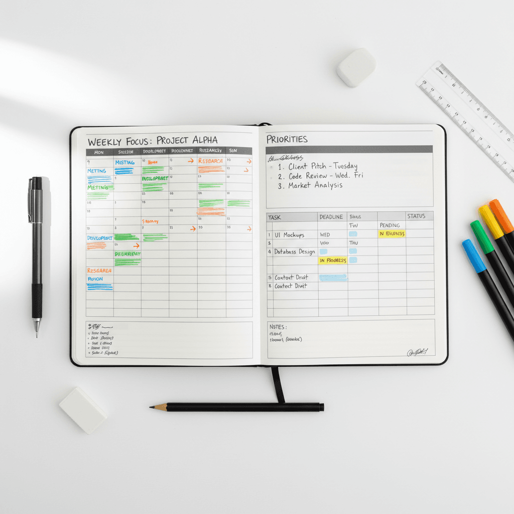 Monthly calendar planner with notes on desk