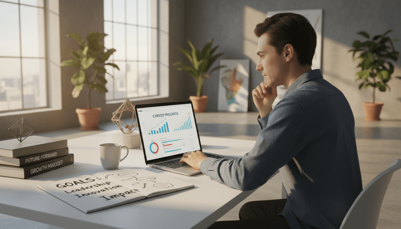 Professional reviewing AI career roadmap on laptop