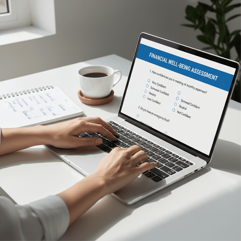 Professional completing online assessment on laptop