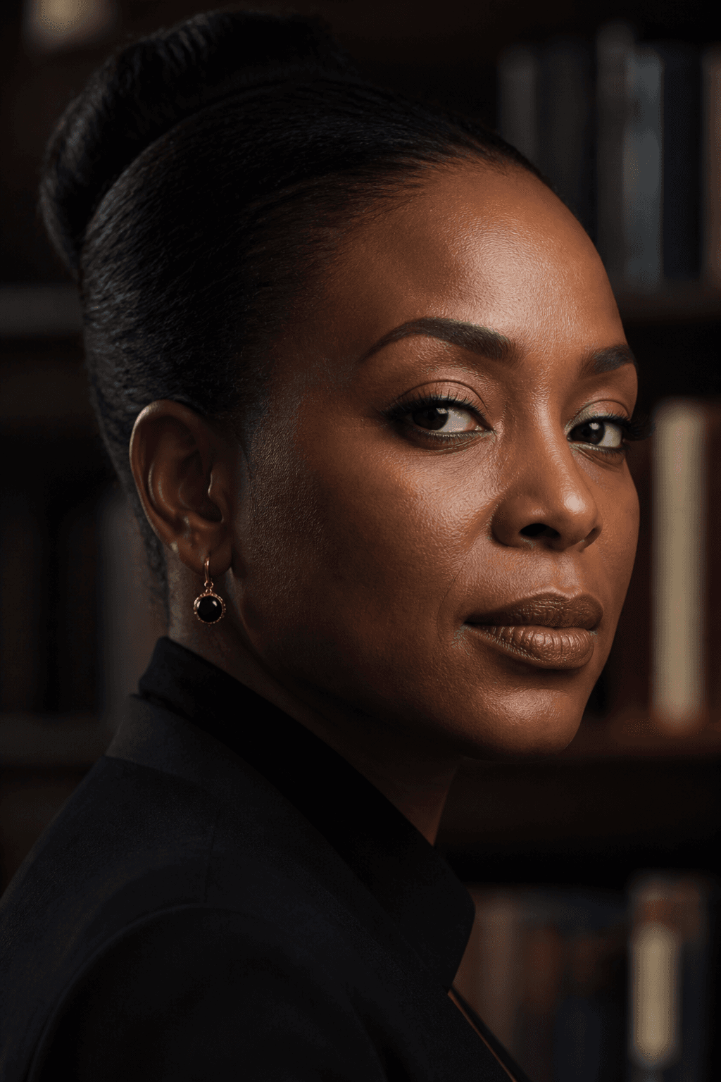 Portrait of a Black woman with a sleek bun and plum lipstick against blurred bookshelves.